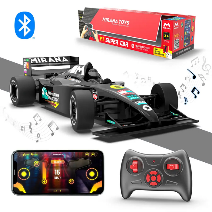 MIRANA F1R SUPER CAR APP & REMOTE CONTROL SUPER CAR - 1.5X NITRO BOOST, IN-BUILT BLUETOOTH SPEAKER, 2000 MAH C TYPE USB RECHARGEABLE BATTERY, DUAL MOTOR & SOFT RUBBER WHEELS SCALE 1:16 (BLACK)