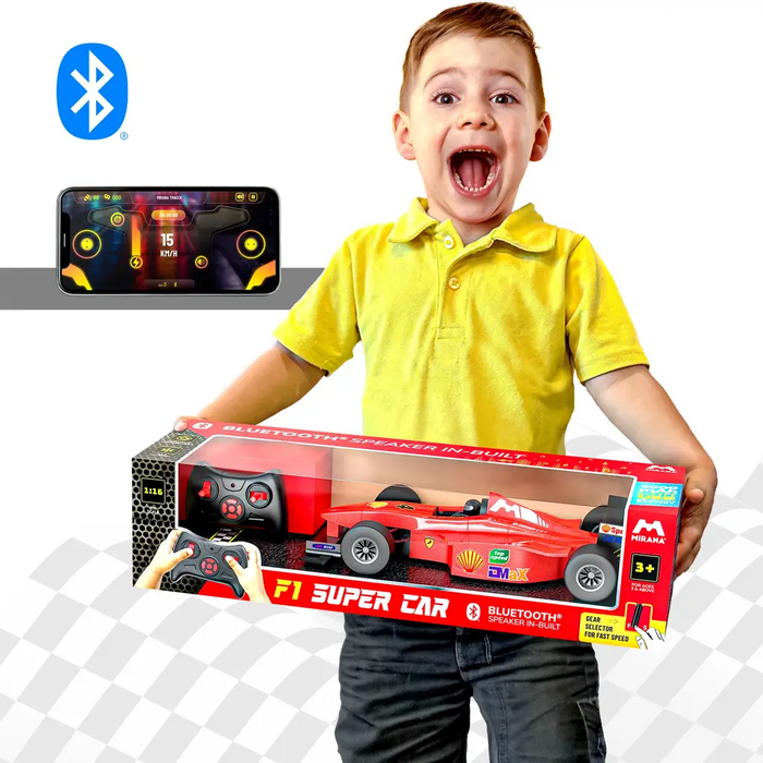 MIRANA F1R SUPER CAR APP & REMOTE CONTROL SUPER CAR - 1.5X NITRO BOOST, IN-BUILT BLUETOOTH SPEAKER, 2000 MAH C TYPE USB RECHARGEABLE BATTERY, DUAL MOTOR & SOFT RUBBER WHEELS SCALE 1:16 (RED)