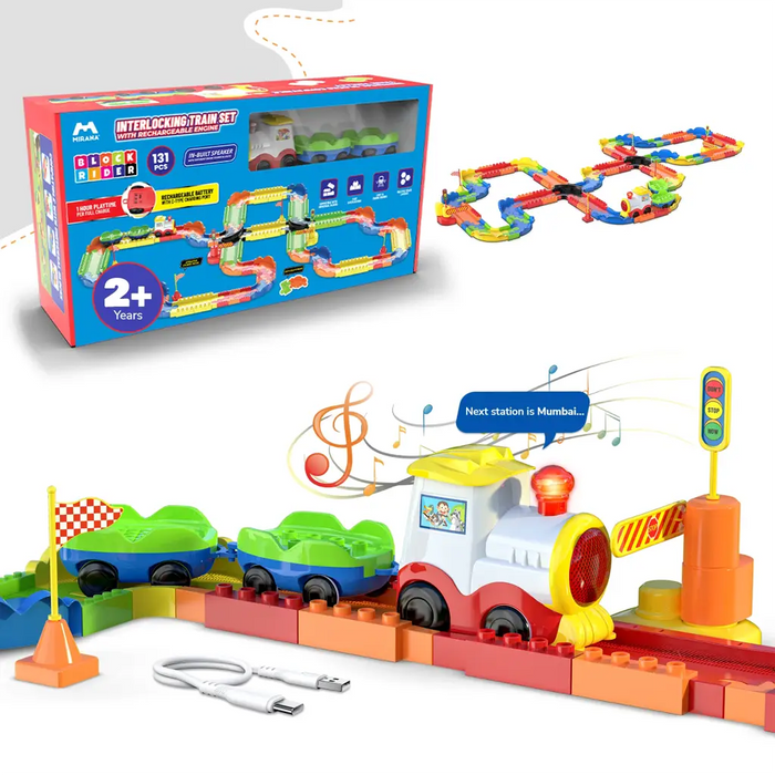MIRANA  ADVANCE BLOCK RIDER TOY TRAIN SET WITH COLORFUL & MULTIPLE TRACK LAYOUT, VARIOUS SOUND MODES - VANDE BHARAT, RAJDHANI, DELHI METRO,(131 PCS)