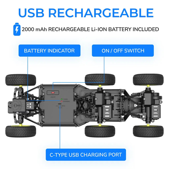 MIRANA  MEGA RANGER APP AND REMOTE CONTROL CAR - DUAL MOTOR, LED HEADLIGHTS, SMOKE EXHAUST, 6 DRIVE WHEEL, 2000 MAH LI-ION RECHARGEABLE BATTERY, C TYPE USB CHARGING (BLUE & ORANGE)