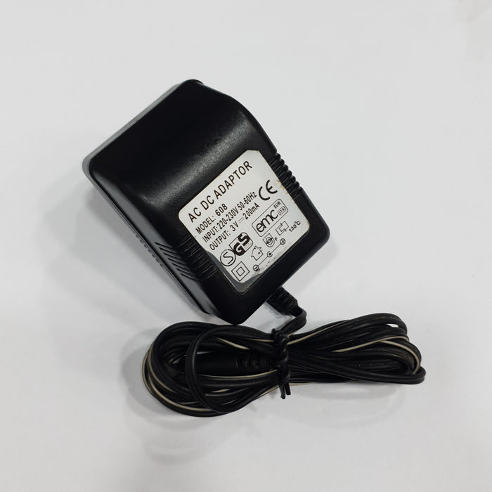 AC-DC ADAPTOR (MODEL 608) AC INPUT:220-230V DC OUTPUT:3V 200MA WITH 5.5MM X 2.5MM BARREL PIN
