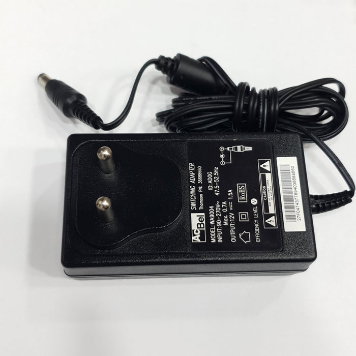 ACBEL AC-DC ADAPTOR (MODEL WA9004) AC INPUT: 90-270V DC OUTPUT: 12V 1.5A WITH 5.5MM X 2.5MM BARREL PIN