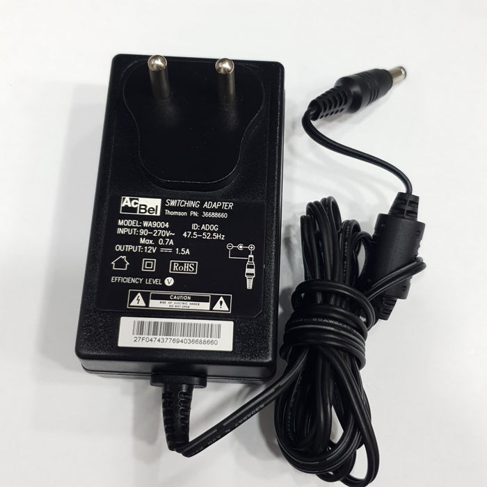 ACBEL AC-DC ADAPTOR (MODEL WA9004) AC INPUT: 90-270V DC OUTPUT: 12V 1.5A WITH 5.5MM X 2.5MM BARREL PIN