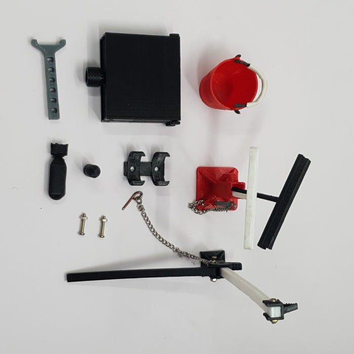 SCALE MINIATURE ACCESSORIES RC SCISSOR LIFT JACK FUNCTIONAL ADJUSTABLE GARAGE STAND FOR RC CARS + BUCKET JACK, FLOOR BRUSH