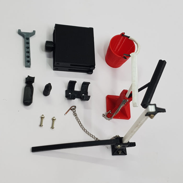 SCALE MINIATURE ACCESSORIES RC SCISSOR LIFT JACK FUNCTIONAL ADJUSTABLE GARAGE STAND FOR RC CARS + BUCKET JACK, FLOOR BRUSH