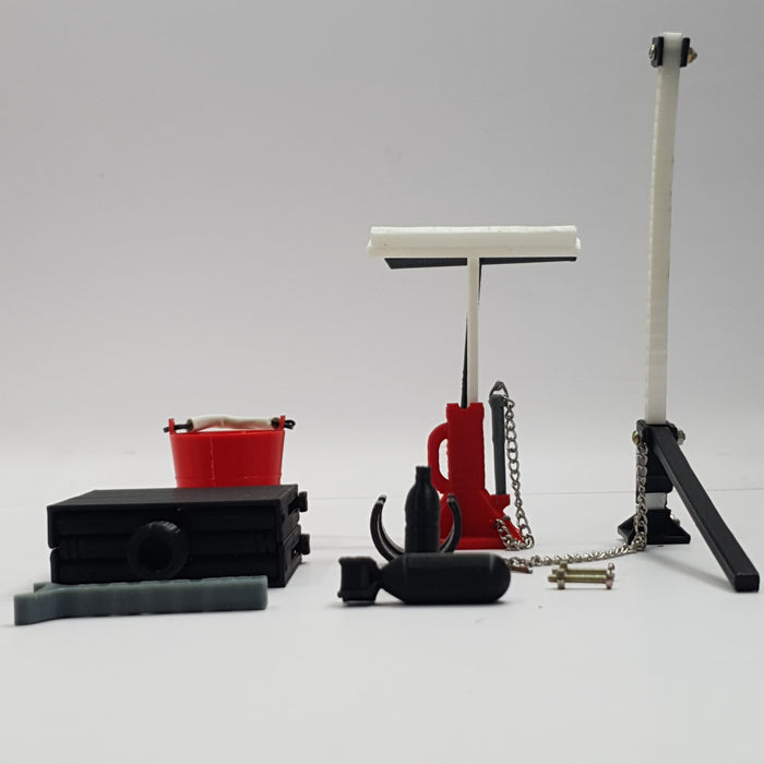 SCALE MINIATURE ACCESSORIES RC SCISSOR LIFT JACK FUNCTIONAL ADJUSTABLE GARAGE STAND FOR RC CARS + BUCKET JACK, FLOOR BRUSH