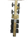 A vintage wooden roller skate frame with multiple dark gray wheels, photographed against a plain white background.