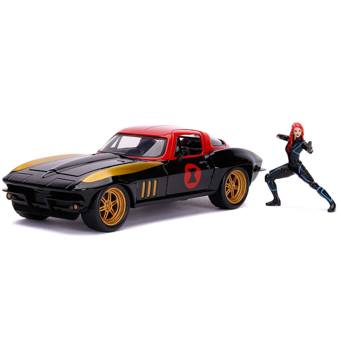JADA TOYS DIECAST HOLLYWOOD RIDES 1:24 1966 CHEVY CORVETTE CAR WITH BLACK WIDOW ACTION