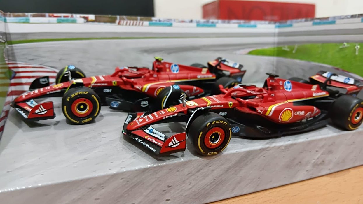 BBURAGO FERRARI FORMULA RACING SF24 # 16 CHARLES LECLERC & #55 CARLOS SAINZ 1:43 SCALE DIECAST 18-36856(2Pc)