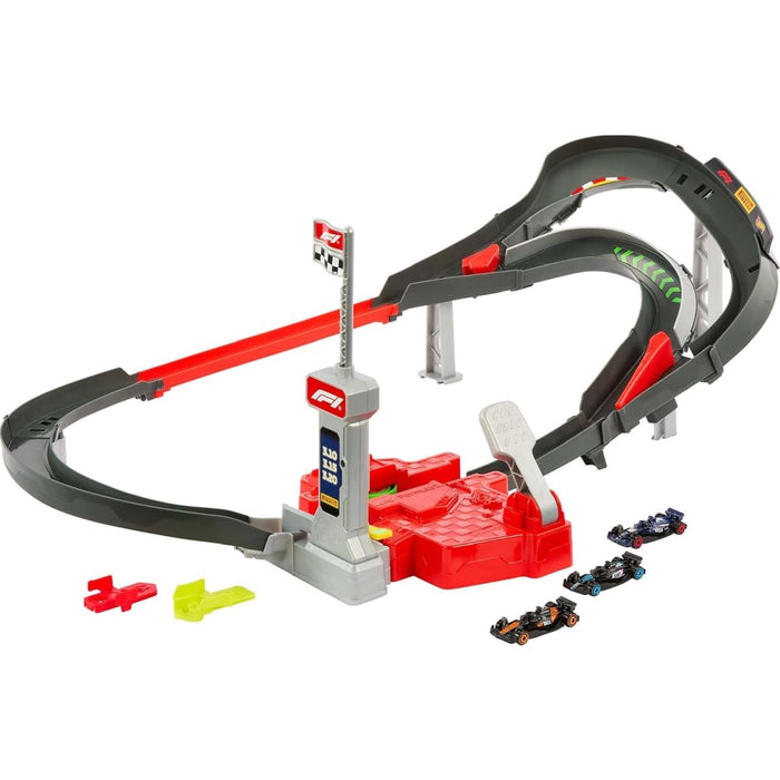HOT WHEELS TRACK SET TOY CARS, 3 METAL 1:64 SCALE FORMULA 1 VEHICLES: MCLAREN F1 TEAM, BWT ALPINE AND VISA RB JDY15