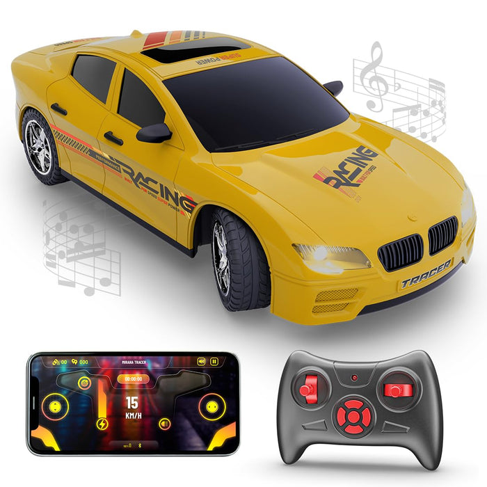 MIRANA TRACER APP AND REMOTE CONTROL CAR - 1.5X POWERFUL NITRO, AR GAME, ANTI SKID TYRE, LUMINOUS HEADLIGHTS, 1200 MAH LI-ION RECHARGEABLE BATTERY ( YELLOW )