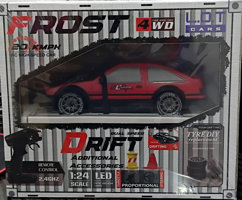 L.O.T 20 KMPH RC HIGH SPEED CAR FROST 4WD DUAL SPEED DRIFT ADDITIONAL ACCESSORIES REMOTE CONTROL 2.4GHZ / 1:24 SCALE LED FROST CAR (TYRE DIY REPLACEMENT) RED