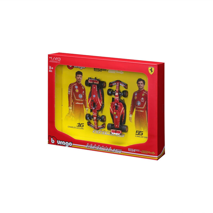 BBURAGO FERRARI FORMULA RACING SF24 # 16 CHARLES LECLERC & #55 CARLOS SAINZ 1:43 SCALE DIECAST 18-36856(2Pc)