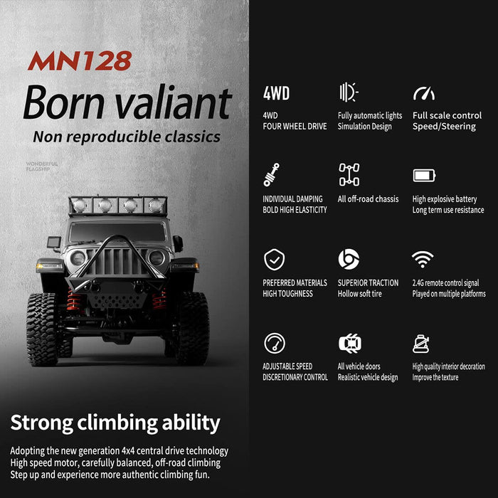 MN MODEL RC CRAWLER MN128 RTR 1/12 2.4G 4WD RC WITH LED LIGHT (BLACK)