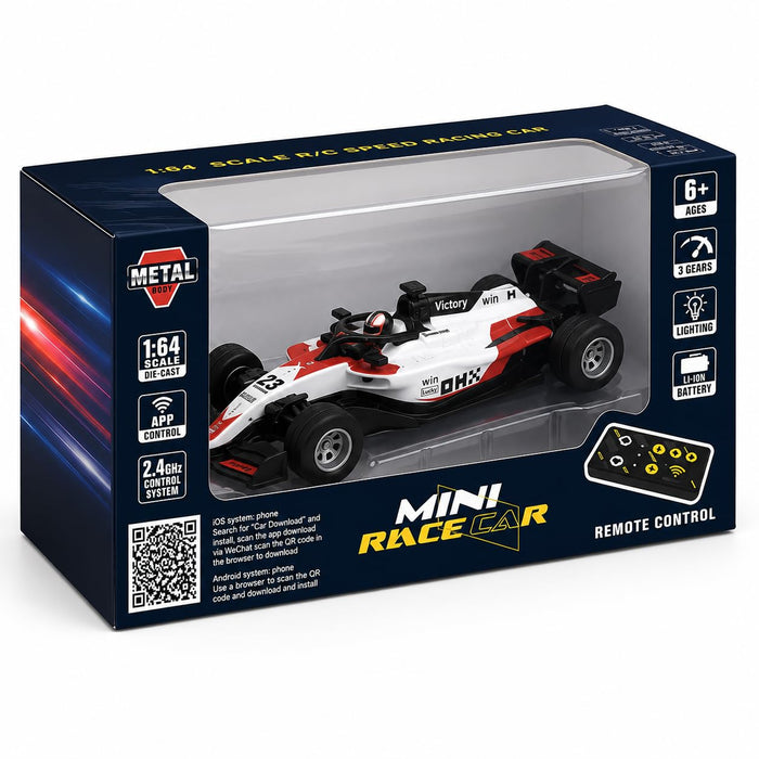 Mini F1 RC Race Car — 1:64 Scale 2.4GHz Remote Control Racing Car with App Control, LED Lights & Li-ion Battery