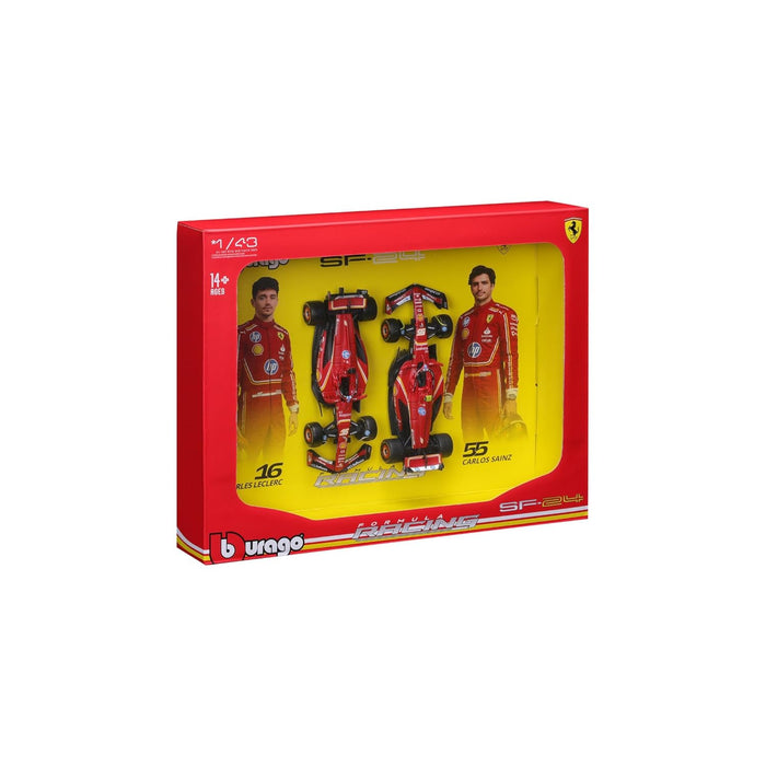 BBURAGO FERRARI FORMULA RACING SF24 # 16 CHARLES LECLERC & #55 CARLOS SAINZ 1:43 SCALE DIECAST 18-36856(2Pc)