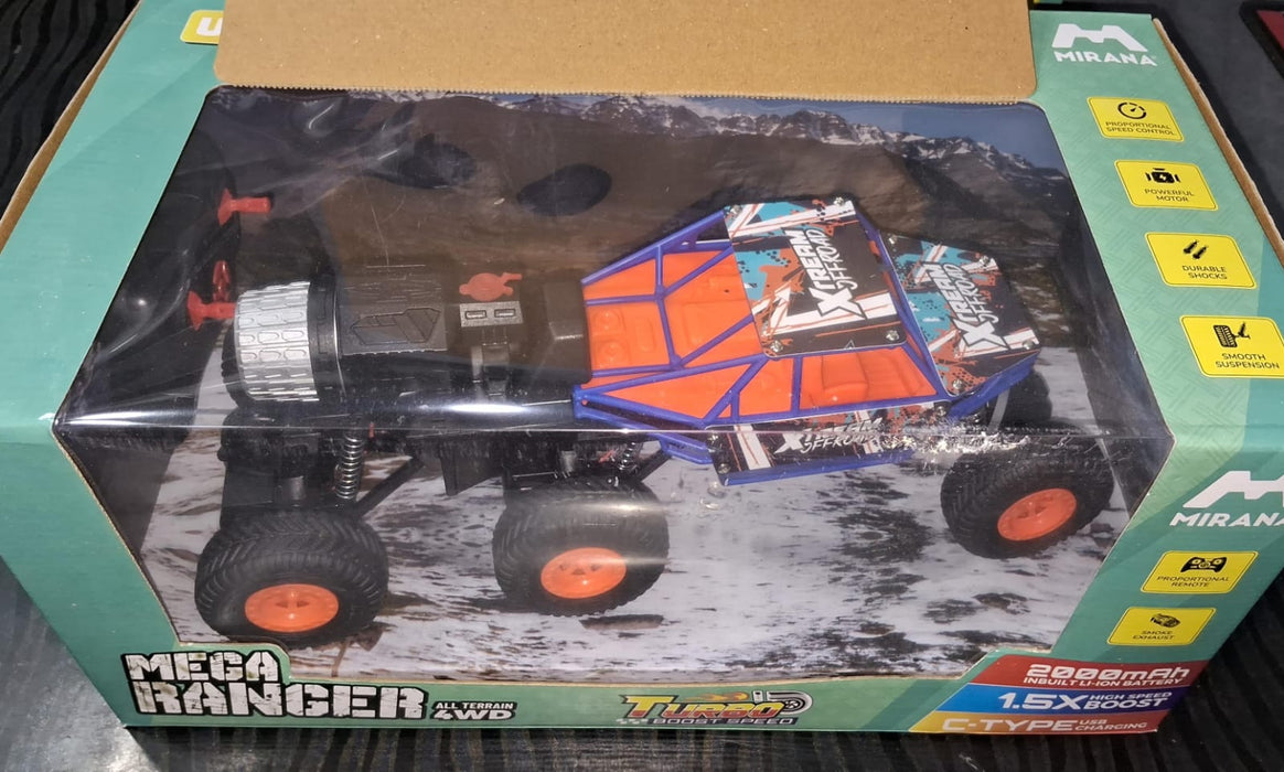 MIRANA  MEGA RANGER APP AND REMOTE CONTROL CAR - DUAL MOTOR, LED HEADLIGHTS, SMOKE EXHAUST, 6 DRIVE WHEEL, 2000 MAH LI-ION RECHARGEABLE BATTERY, C TYPE USB CHARGING (BLUE & ORANGE)