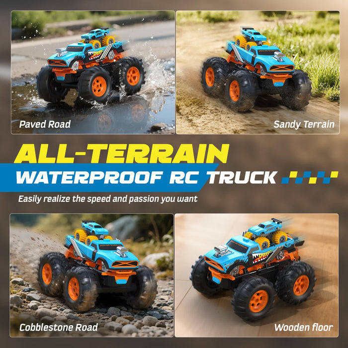2-IN-1 REMOTE CONTROL CAR WITH TRANSFORM LAUNCHER TRACK – 1:16 RC MONSTER TRUCK TOYS 2.4GHZ, SELF-STANDING 360° FLIPS TOWING MINI CAR