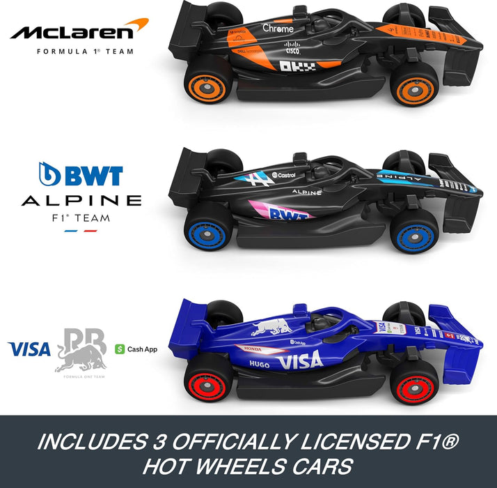 HOT WHEELS TRACK SET TOY CARS, 3 METAL 1:64 SCALE FORMULA 1 VEHICLES: MCLAREN F1 TEAM, BWT ALPINE AND VISA RB JDY15