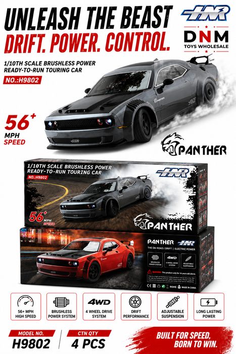 HNR H9802 Panther 1/10 Dodge Hellcat Brushless RC Car – 4WD Drift & Racing Car with LED Lights (100+ km/h)