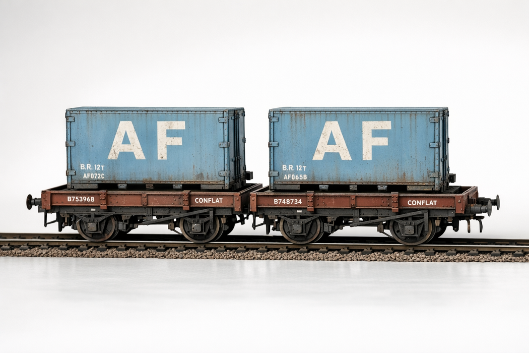 BACHMANN 37-981 OO GAUGE 1/76 SCALE SET OF CONFLATS BR BAUXITE WITH AF CONTAINERS BR LIGHT BLUE WEATHERED