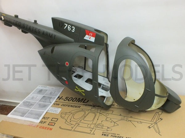 FUNKEY SCALE FUSELAGE HUGHES 500MD TOW DEFENDER .50( 600) SIZE ARMY GREEN COLOR WITH LANDING SKID