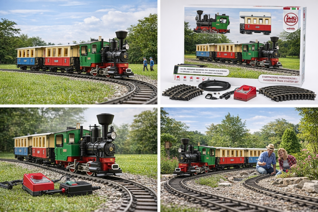 LGB 70307 PASSENGER TRAIN STARTER KIT - L70307 - MINIATURE GARDEN TRAIN WITH LOCOMOTIVE AND TWO CARS, OUTDOOR RAILWAY, G TRACK, 85 X 12 X 16 CM