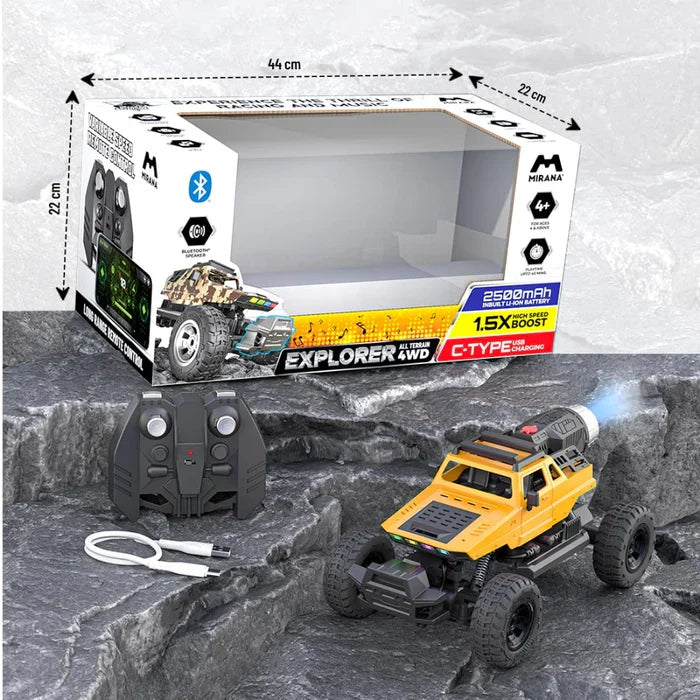 MIRANA EXPLORER 4X4 ALL WHEEL DRIVE REMOTE AND APP CONTROL MONSTER TRUCK, 1.5X POWERFUL NITRO, 2500 MAH LION RECHARGEABLE BATTERY, C TYPE USB CHARGING,SCALE 1:16 (YELLOW)