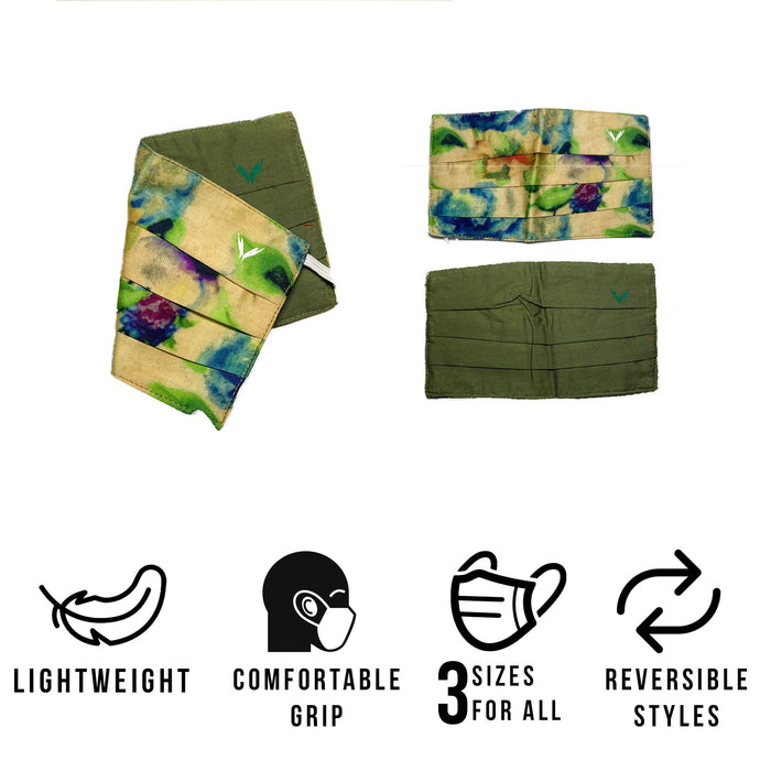 Earth Save 3Pleats Double Sided Face Mask Floral Army Green Light Large