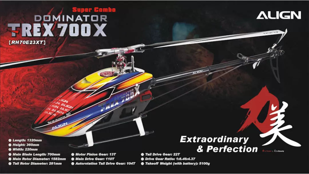 ALIGN TREX DOMINATOR 700X  FULL HELI  PARTS USED (CYCLIC SERVOS- ALIGN HV Ds820mx3/TAIL SERVO-ALIGN HV DS825M ESC-HOBBYWING PLATINUM PRO ESC  120A V4/FLYBARLESS UNIT-SPRIT PRO FLYBARLESS UNIT/MOTOR-ALIGN RCM BL850MX 490KV)