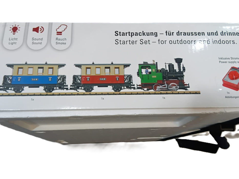 LGB 70307 PASSENGER TRAIN STARTER KIT - L70307 - MINIATURE GARDEN TRAIN WITH LOCOMOTIVE AND TWO CARS, OUTDOOR RAILWAY, G TRACK, 85 X 12 X 16 CM