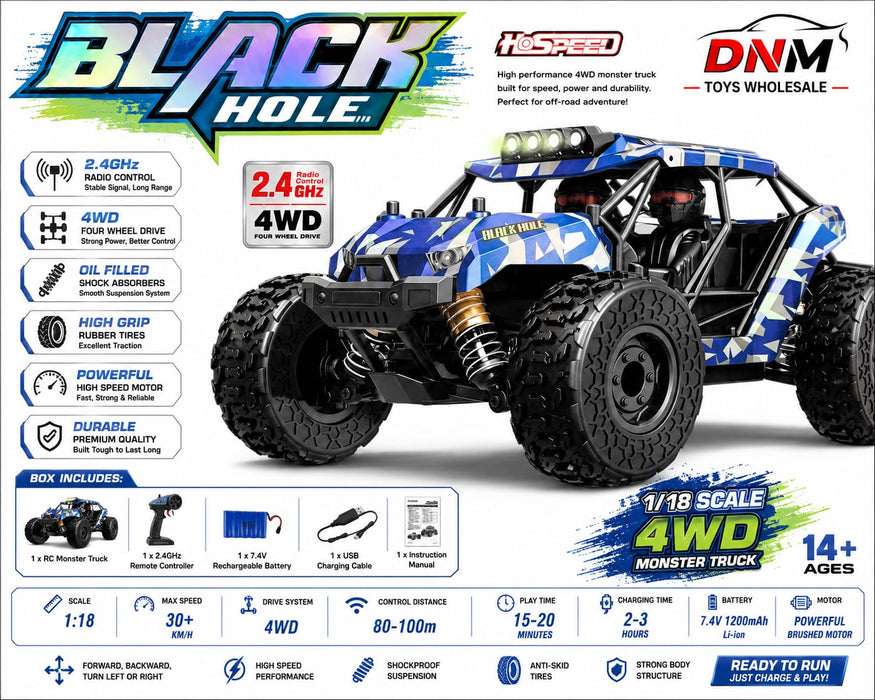 1:18 Scale 4WD RC Off-Road Monster Truck | 2.4GHz Remote Control | 30+ KM/H Speed