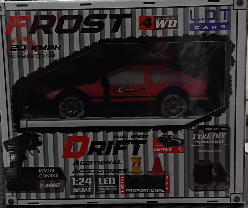 L.O.T 20 KMPH RC HIGH SPEED CAR FROST 4WD DUAL SPEED DRIFT ADDITIONAL ACCESSORIES REMOTE CONTROL 2.4GHZ / 1:24 SCALE LED FROST CAR (TYRE DIY REPLACEMENT) RED