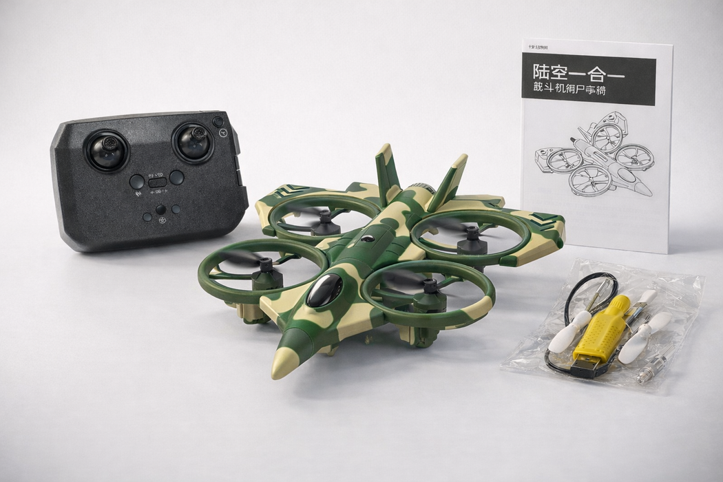 COMBINATION OF LAND AND AIR 2-IN-1 RC FLYING CAR DRONE WITH OPTICAL FLOW HOVER, 360° ROTATION & HEADLESS MODE GREEN