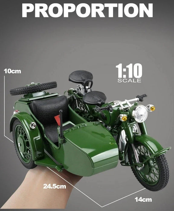 DIE-CAST METAL MILITARY MB825 1/10 SCALE MILITARY DESERY SIDECAR MOTORCYCLE