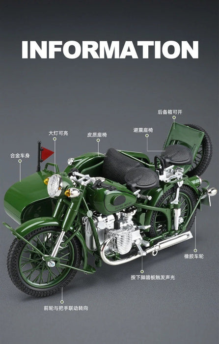 DIE-CAST METAL MILITARY MB825 1/10 SCALE MILITARY DESERY SIDECAR MOTORCYCLE
