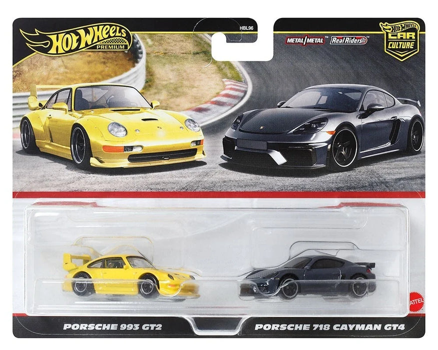 HOT WHEELS 2-PACK: PORSCHE 993 GT2 / PORSCHE 718 CAYMAN GT4 DIE-CAST CARS (9C6P)