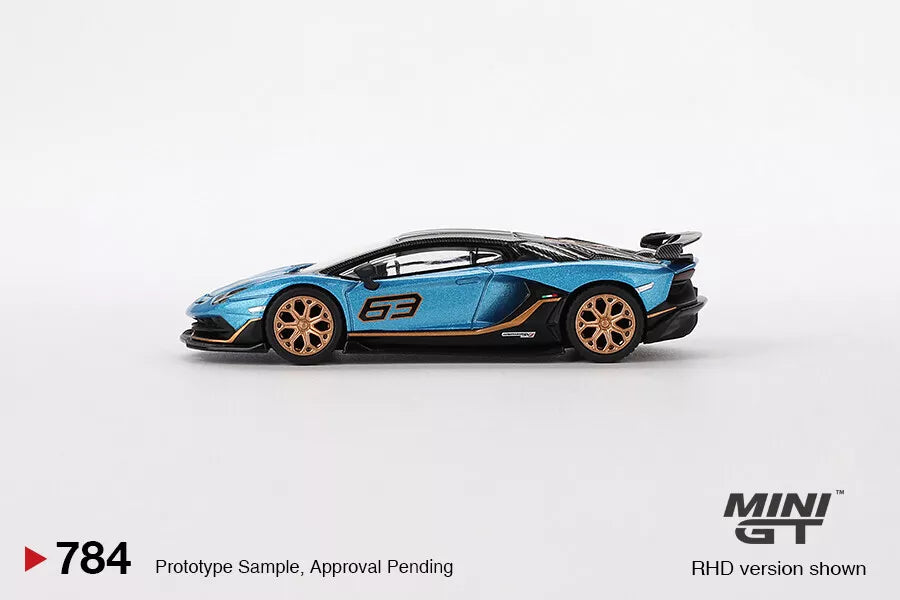 MINI GT 1/64 SCALE LAMBORGHINI AVENTADOR SVJ 63 BLU AEGIR NO:784