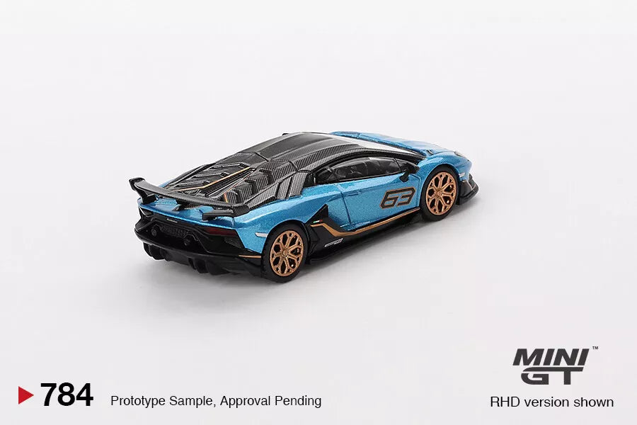 MINI GT 1/64 SCALE LAMBORGHINI AVENTADOR SVJ 63 BLU AEGIR NO:784
