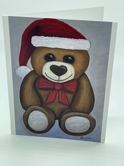 Christmas Card with Pastel Drawing of a Teddy Bear. Blank Card