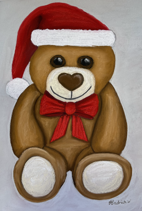 Christmas Postcard. Pastel Drawing of a Teddy Bear.